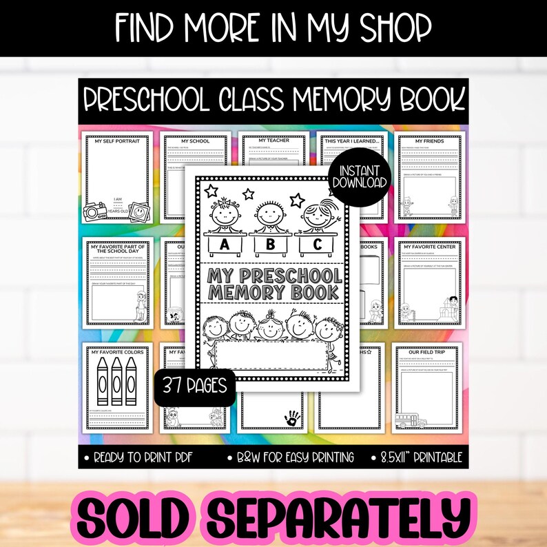 Puede incluir: Un libro de recuerdos preescolar imprimible con un dise&ntilde;o de portada en blanco y negro. La portada presenta ni&ntilde;os de dibujos animados y el texto "My Preschool Memory Book". El libro incluye p&aacute;ginas para autorretratos, colores favoritos y recuerdos escolares.