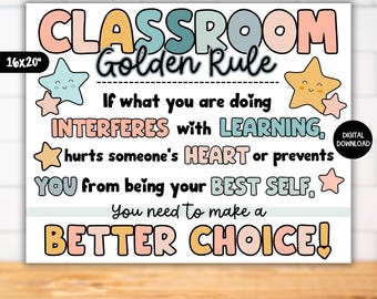 Calm Colors Classroom Golden Rule Poster, Elementary Class Rules Sign, Preschool Behavior Expectations Chart, Modern Classroom Decor Theme