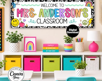 Bright Teacher Name Banner for Classroom, Bold Brights Class Decor, Large Back to School Welcome Banner, Editable Canva 2x6 Banner Template