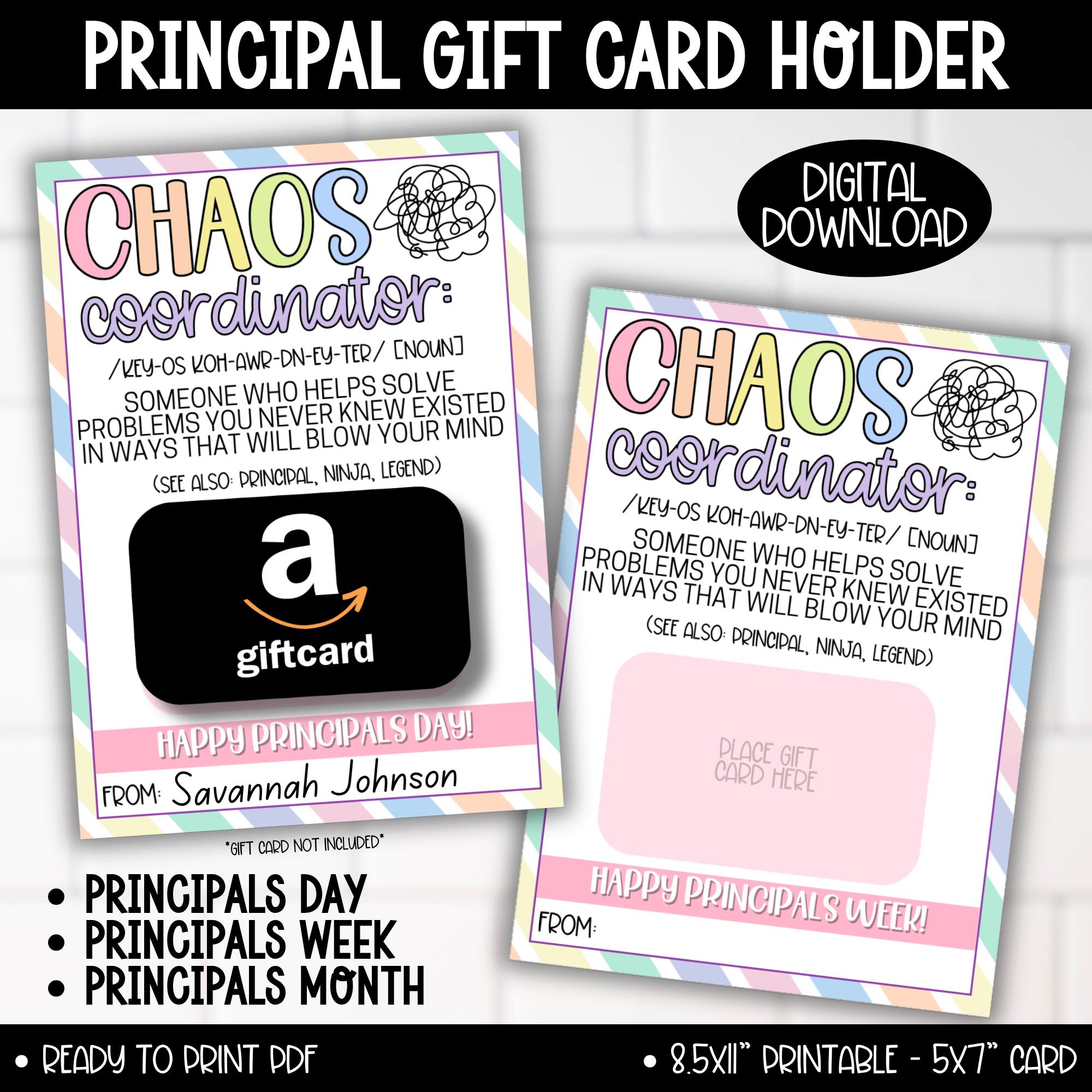 Principal Week Gift Card Holder, Happy Principal Appreciation Day Week Month Gift Tag, Chaos Coordinator Printable Greeting Card