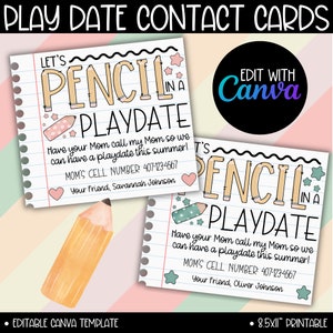 Bearbeitbare Playdate-Karten für Kinder-Vorlage, Keep In Touch-Karten, Ende des Schuljahres, Sommer-Playdate-Einladung, Mama ruft Kontaktkarte an