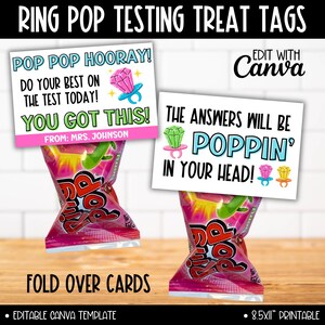 May include: Ring Pop testing treat tags with the text "Pop Pop Hooray!" and "You Got This!" on white cards. The cards are attached to Ring Pop candies. The text "The answers will be poppin' in your head!" is also visible.