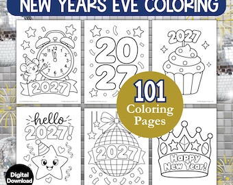 New Year's Eve Coloring Pages, 2027 Toddler Kids Coloring Book Activity, Teen Adult NYE Party Printables, Digital Easy to Color Pages PDF