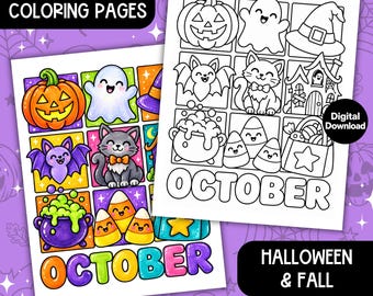 Easy October Fall Coloring Pages, Halloween Kids Coloring Book Activity, Teen Adult Pumpkin Printables, Digital Download, Cozy Coloring