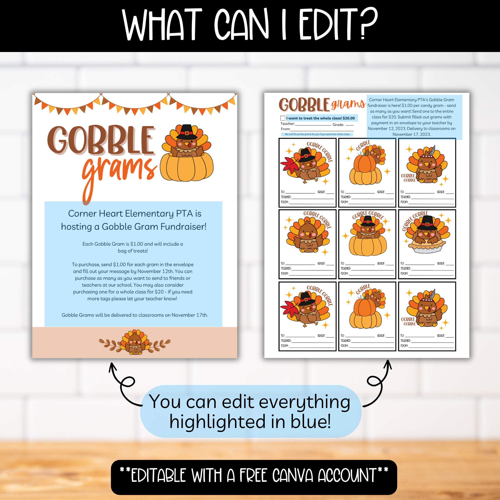 PTA PTO Gobble Gram Thanksgiving Fundraiser Flyer Template for School ...