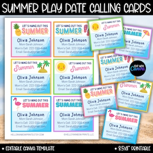 Plantillas editables de tarjetas de juego para niños, tarjetas para mantenerse en contacto, fin de curso, invitación para jugar en verano, tarjeta de contacto para mamás.