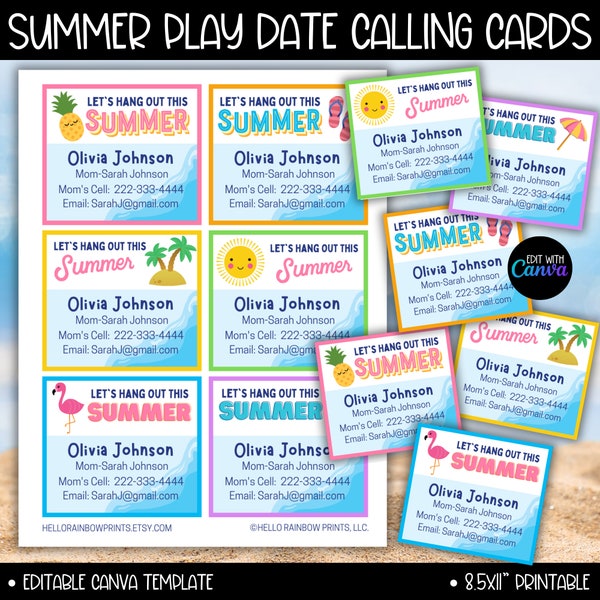 Editable Playdate Cards for Kids Template, Keep In Touch Cards, End of School Year, Summer Play Date Invitation, Mommy Calling Contact Card