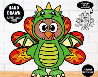 May include: A digital download printable titled DISGUISE A TURKEY: DRAGON featuring a colorful cartoon turkey dressed in a green dragon costume with orange flame-patterned wings, yellow spikes, and a black and white outline version, 8.5x11 inches.
