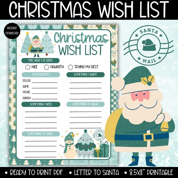 Blue Green Christmas Letter to Santa Wish List Activity Craft, Something I Want Need Read Wear List Tags Printable, Santa Mail Activities