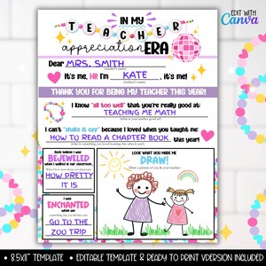May include: Printable teacher appreciation card with a pink disco ball and colorful polka dots. The card has a fill-in-the-blank section for the student's name and teacher's name. The card also has a section for the student to write what they liked about their teacher and a section for them to draw a picture of themselves and their teacher.