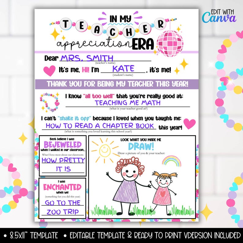 May include: Printable teacher appreciation card with a pink disco ball and colorful polka dots. The card has a fill-in-the-blank section for the student's name and teacher's name. The card also has a section for the student to write what they liked about their teacher and a section for them to draw a picture of themselves and their teacher.