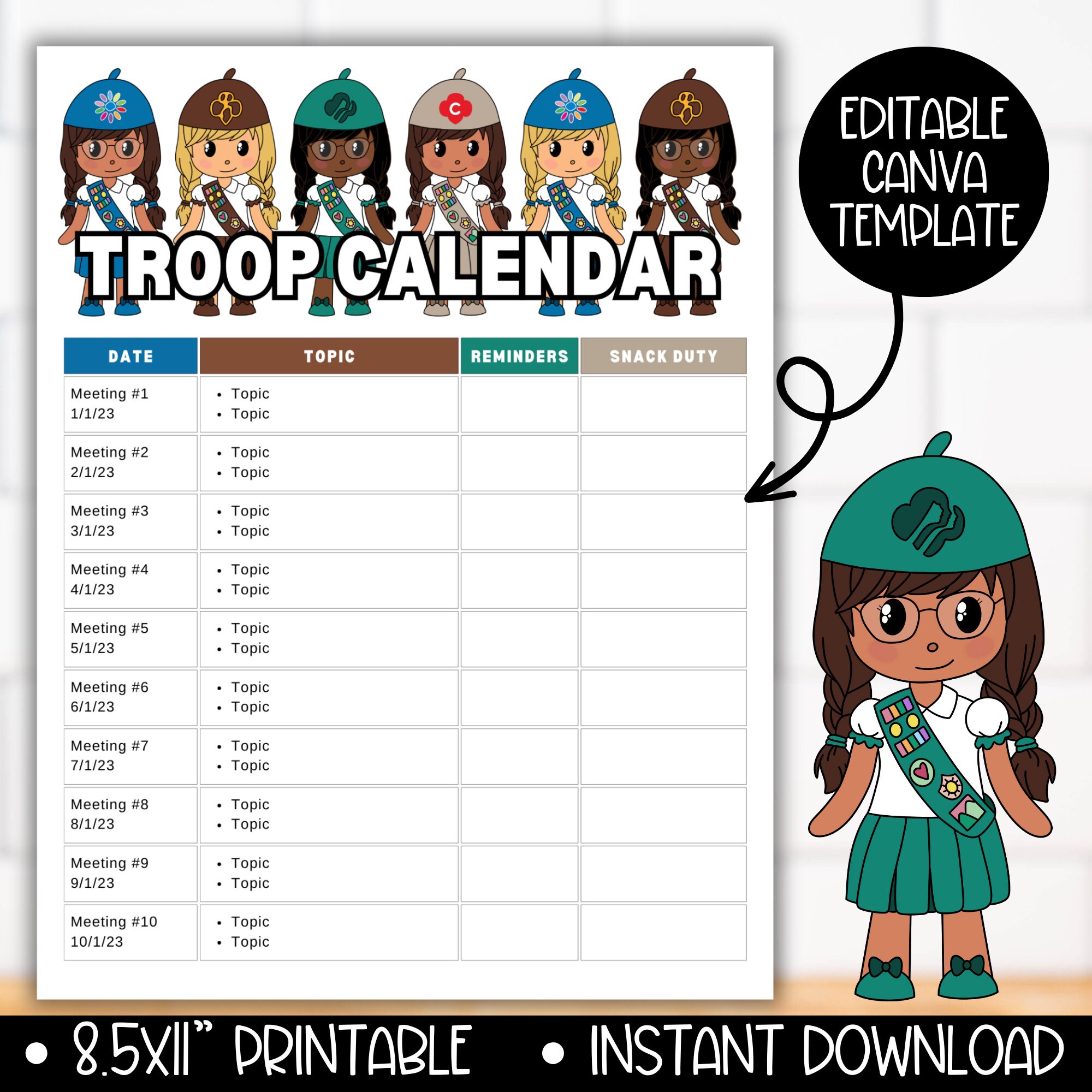 Girl Scout Calendar, Girl Scout Planning, Editable Girl Scout Meeting Calendar  Template, Girl Scout Newsletter, Girl Scout Snack Schedule - Etsy