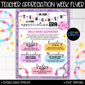 Teacher Staff Appreciation Week Pop Star Flyer, Editable Thank You Event Week Itinerary Schedule Flyers Sign, In my Appreciation Era Theme
