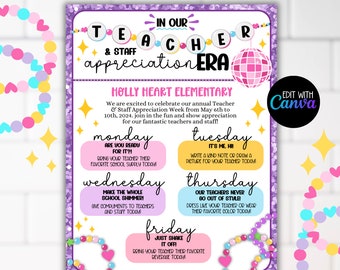 Teacher Staff Appreciation Week Pop Star Flyer, Editable Thank You Event Week Itinerary Schedule Flyers Sign, In my Appreciation Era Theme