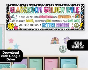 Bright Classroom Golden Rule Banner, One Rule Classroom Banner Printable, Behavior Expectations Chart, Bold Brights Classroom Decor Theme