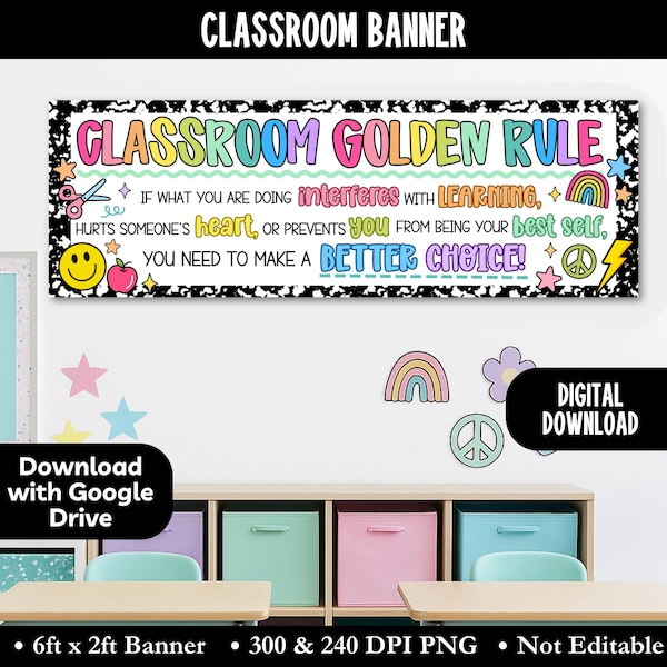 Bright Classroom Golden Rule Banner, One Rule Classroom Banner Printable, Behavior Expectations Chart, Bold Brights Classroom Decor Theme