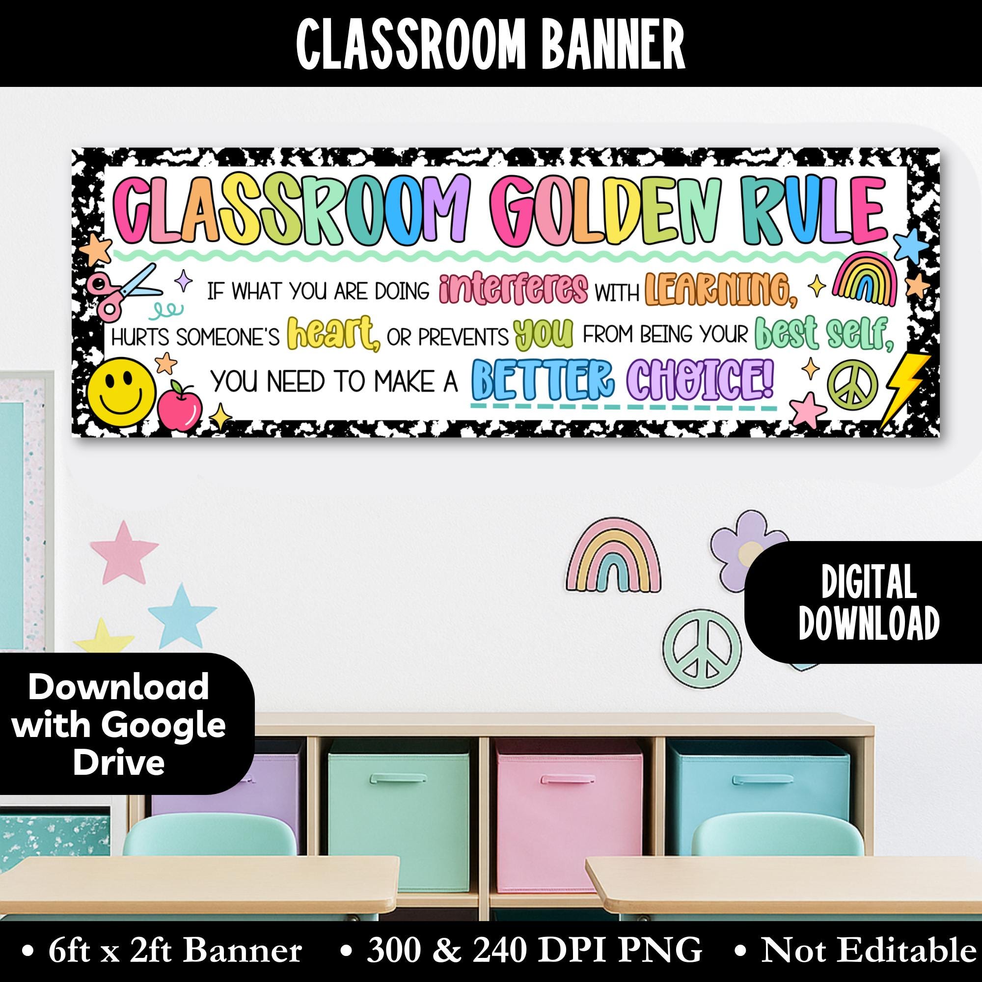 Golden Rules Header Bright Classroom Golden Rule Banner, One Rule Classroom Banner ...