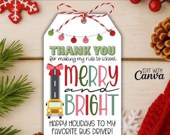 School Bus Driver Christmas Gift Tag Card, Editable Busdriver Holiday Gift Tag Cards Template, PTA PTO Staff Appreciation Holiday Gift Tags