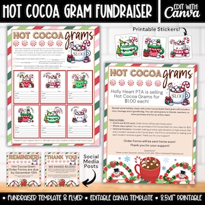 May include: Printable flyer and sticker template for a hot cocoa fundraiser. The flyer features a red and green striped background with a cartoon mug of hot cocoa. The text reads "Hot Cocoa Grams" and "Holly Heart PTA is selling Hot Cocoa Grams for £1.00 each!" The stickers feature a cartoon mug of hot cocoa with a red and white striped background and a green and white striped background.