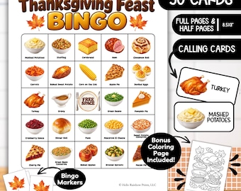 Thanksgiving Feast Turkey BINGO Game Printable, Kids Food Bingo Classroom Party Group Games, Preschool Games, Lotto Family Holiday Activity