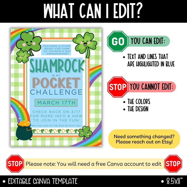 May include: Editable Canva template for a Shamrock Pocket Challenge event. The template features a green shamrock, rainbows, and the text "Shamrock in my Pocket Challenge" with the date "March 17th".