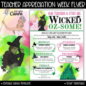 Könnte beinhalten: Ein druckbarer Flyer für die Lehrer-Wertschätzungs-Woche mit einem Wicked-Thema. Der Flyer zeigt Illustrationen von Glinda und Elphaba aus dem Musical Wicked. Der Flyer enthält einen Zeitplan für die Veranstaltungen der Woche, darunter "Elphabas Weisheit", "Glindas Güte", "Der Schwerkraft trotzen", "Beliebt" und "Smaragdstadt-Feier".