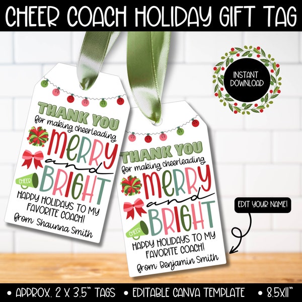 Cheer Coach Christmas Gift Tag Card, Cheerleading Coach Appreciation Holiday Gift Tags, Christmas Dance Coach Tag, Xmas Candle Candy Coffee