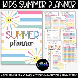 Bewerkbare sjabloon zomerplanner voor kinderen, kind zomerleesgedrag grafiek logboeken tracker, schermtijdregels, bucketlist zomerkarweien