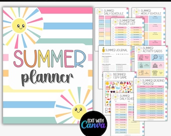 Editable Summer Planner For Kids Template, Kid Summer Reading Behavior Chart Logs Tracker, Screen Time Rules, Summer Chore Chart Bucket List