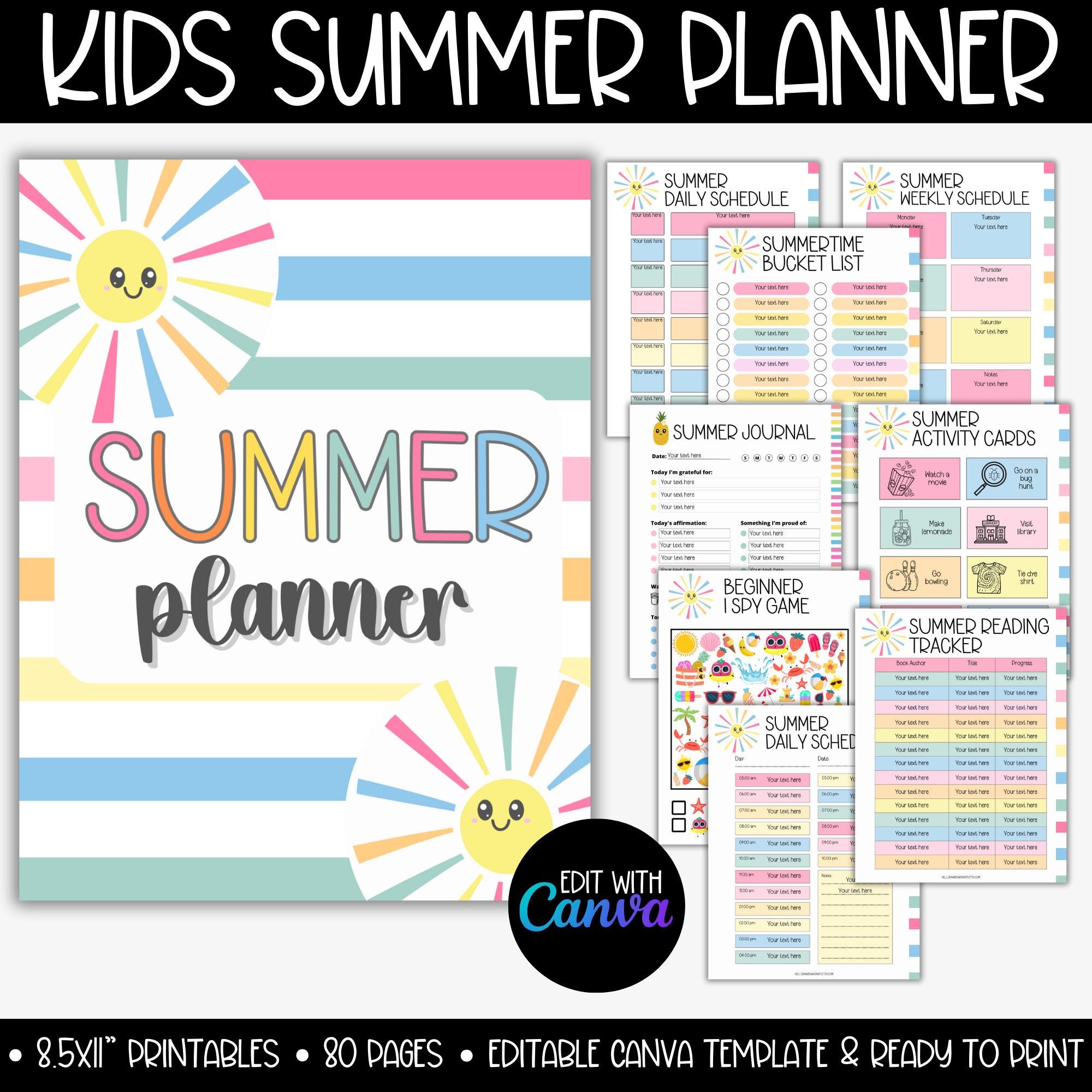 Editable Summer Planner For Kids Template, Kid Summer Reading Behavior Chart Logs Tracker, Screen Time Rules, Summer Chore Chart Bucket List