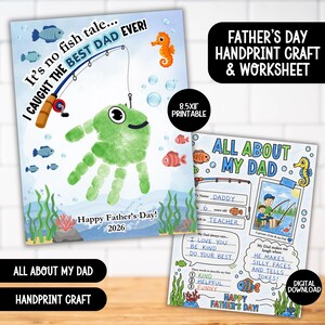 Könnte beinhalten: Ein druckbares Vatertags-Handabdruck-Bastel- und Arbeitsblatt. Das Design zeigt einen grünen Handabdruck-Fisch mit Angelrute, den Text "Ich habe den besten Papa gefangen!" und "Fröhlichen Vatertag!" in einer blau-grünen Unterwasserszene.