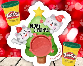 Christmas Tree Cat Play-Doh Favors Card, Editable Holiday Playdoh Holder, Play Dough Non Candy Class Treat Favors, Student Gifts Teacher