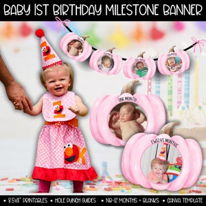 Pink Pumpkin 1st Birthday Photo Banner, First Birthday Photo Banner Template, Editable Baby's 1st Year Monthly Milestone Cards, October Baby