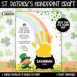 St. Patrick's Day Pot of Gold Rainbow Handprint Craft, 2026 Preschool Leprechaun Shamrock Hand Print Printable