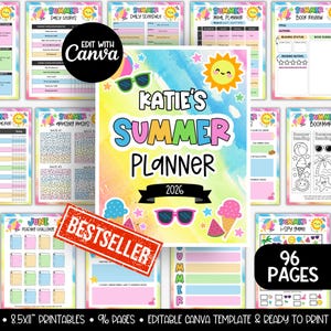 May include: A colorful summer planner with the text "Katie's Summer Planner 2026" and the word "BESTSELLER" on a red banner. The planner includes pages for daily chores, schedules, meal planning, and book reviews. The image also includes the text "96 PAGES".