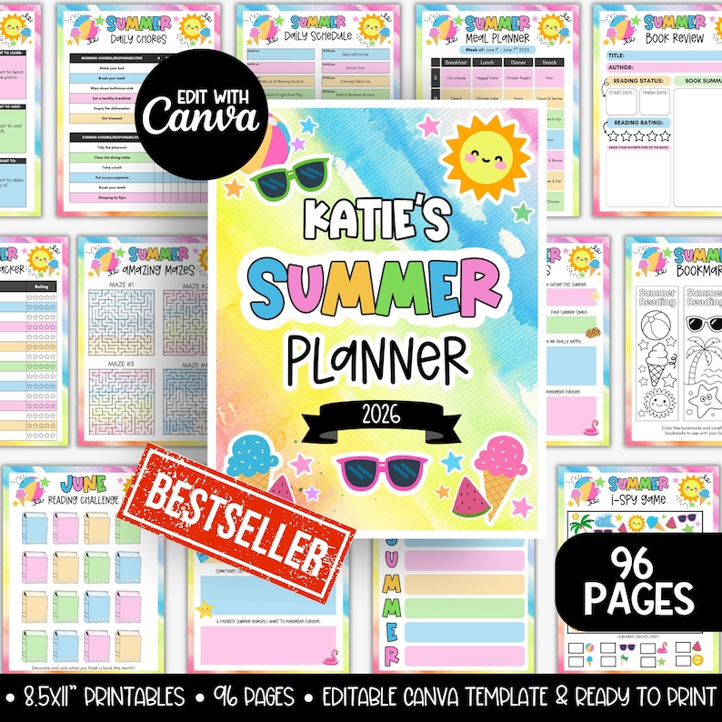 May include: A colorful summer planner with the text "Katie's Summer Planner 2026" and the word "BESTSELLER" on a red banner. The planner includes pages for daily chores, schedules, meal planning, and book reviews. The image also includes the text "96 PAGES".