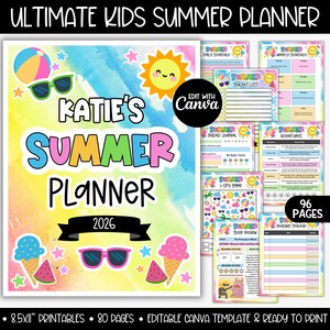 May include: A colorful summer planner for kids, featuring a cheerful sun, ice cream cones, and sunglasses. The planner includes a daily schedule, bucket list, guided journal, and reading tracker. The cover reads "Katie's Summer Planner 2026". It is 8.5x11 inches and has 96 pages.