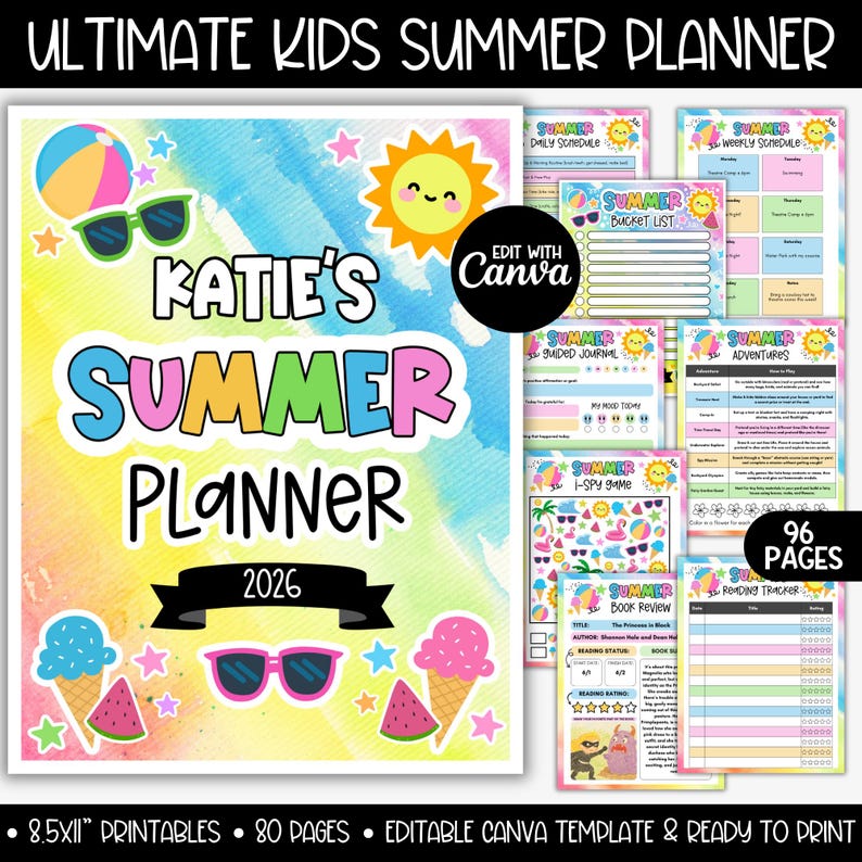 May include: A colorful summer planner for kids, featuring a cheerful sun, ice cream cones, and sunglasses. The planner includes a daily schedule, bucket list, guided journal, and reading tracker. The cover reads "Katie's Summer Planner 2026". It is 8.5x11 inches and has 96 pages.