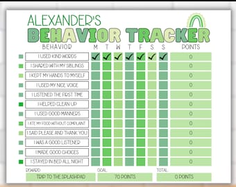May include: A green and white printable behavior chart for kids with the name Alexander. The chart has a rainbow at the top and a list of behaviors with checkboxes for each day of the week. The chart includes a goal of 70 points and a reward of a trip to the splashpad.