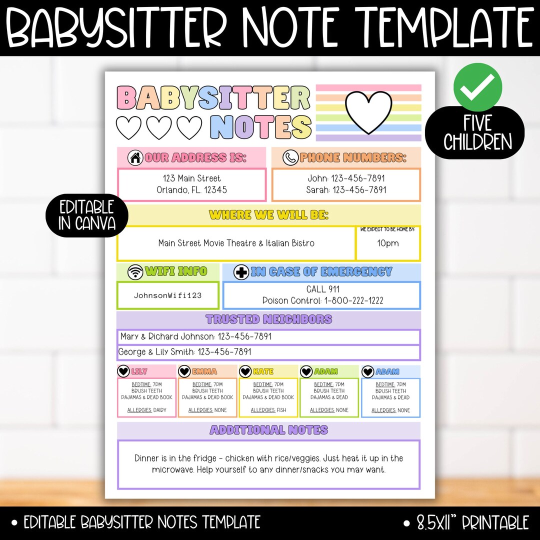 Babysitter Note Editable Template 5 CHILDREN, Emergency Contact List ...