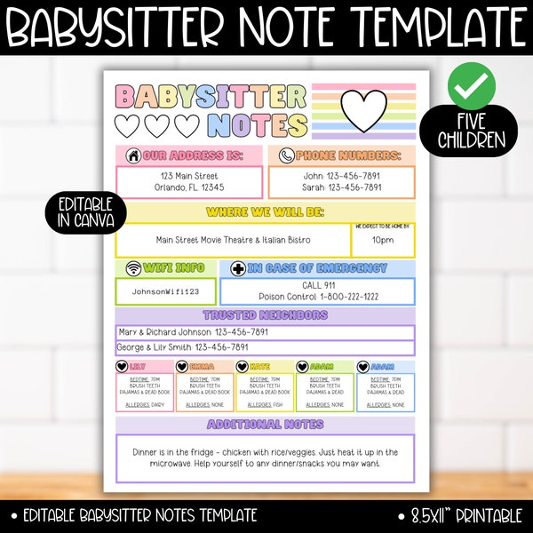 Babysitter Note Editable Template 5 CHILDREN, Emergency Contact List, Colorful Nanny Baby Child Schedule Information Sheet Binder Planner