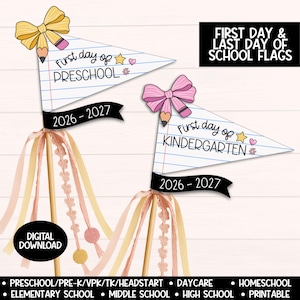 Back to School Flag Printable, 2026-2027 Girly First Day Sign, Preschool Kindergarten Elementary Pennant Flags Bundle, School Photo Prop