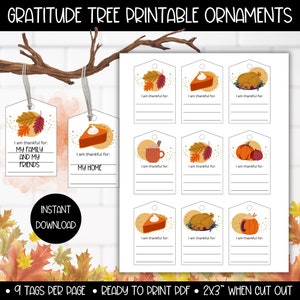 Thanksgiving Gratitude Tree Tag Ornaments Printables, Thanksgiving Grateful Tree Ornaments, Gratitude Ornament Family Kids Fall Craft