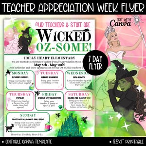 Może przedstawiać: Drukowany 7-dniowy plakat na Tydzień Doceniania Nauczycieli z motywem Czarnoksiężnika z Krainy Oz. Plakat zawiera ilustracje Złej Czarownicy z Zachodu i Glindy, Dobrej Czarownicy. Każdy dzień tygodnia ma inny motyw i propozycję aktywności, aby wyrazić wdzięczność nauczycielom i pracownikom.