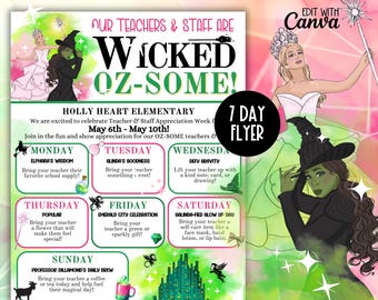 Wicked Teacher Appreciation 7 Day Week Theme Flyer Canva Template, Wizard of Oz Faculty Staff Dress Up Schedule, Elphaba Teacher Gift Theme
