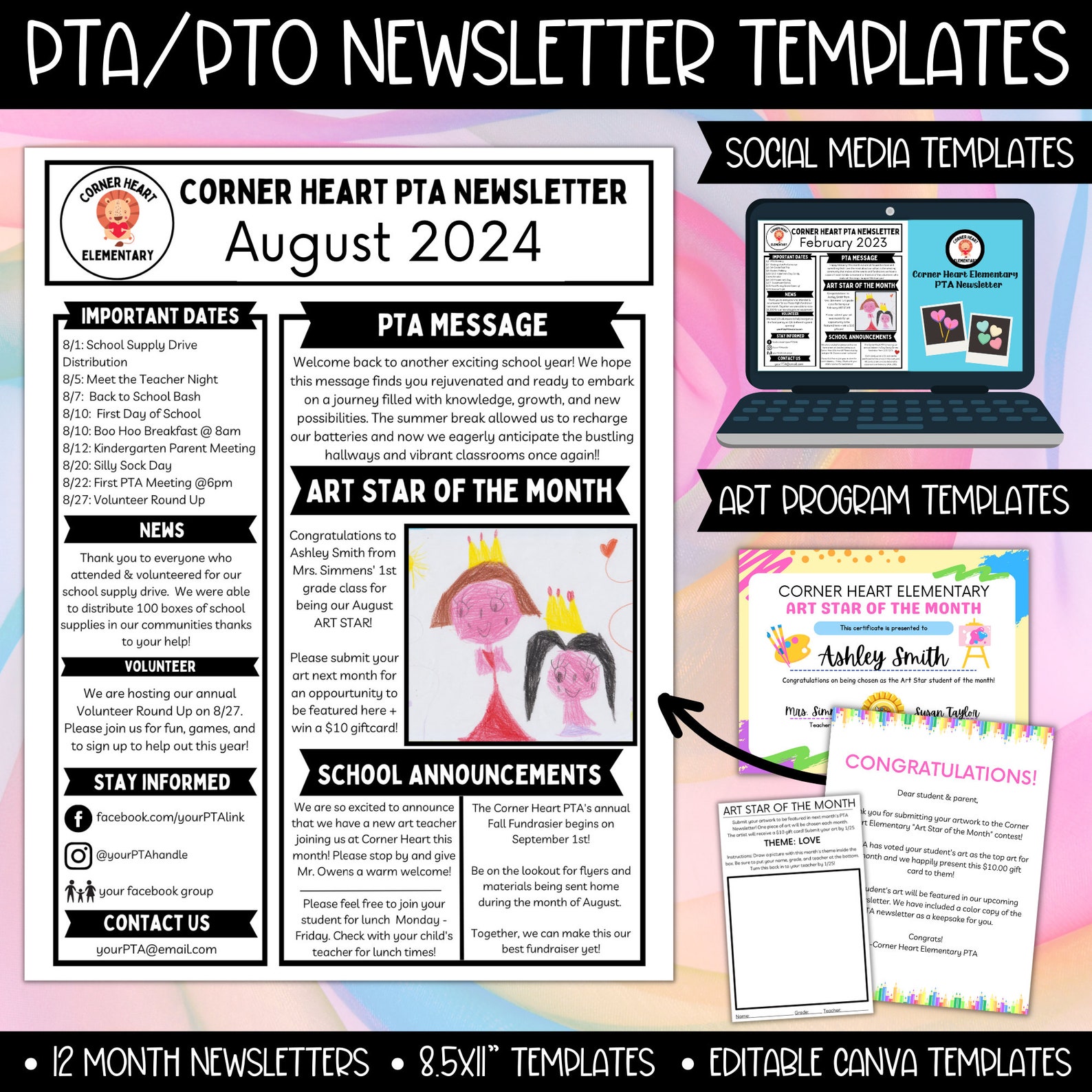 PTA PTO Monthly Newsletter Flyer Bundle Canva Template, Pta Pto School ...