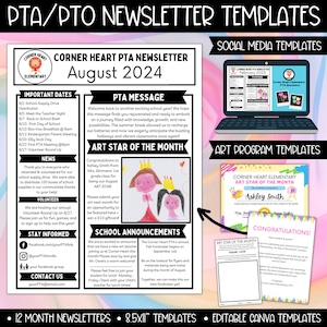 PTA PTO Monthly Newsletter Flyer Bundle Canva Template, pta pto School Class Social Media Templates, PTA President Calendar Program Forms