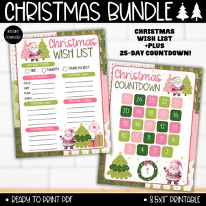 Pink Green Christmas Wish List Adventskalender Aktivität Craft, Etwas, das ich möchte Need Read Wear Liste Tags druckbar, Pink Christmas Countdown