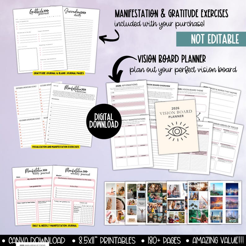 Kit per feste con bacheca visionaria 2026, stampabile per donne, modello per pianificatore di bacheca degli obiettivi di Capodanno, immagini clipart per bacheca delle affermazioni dell'umore immagine 7