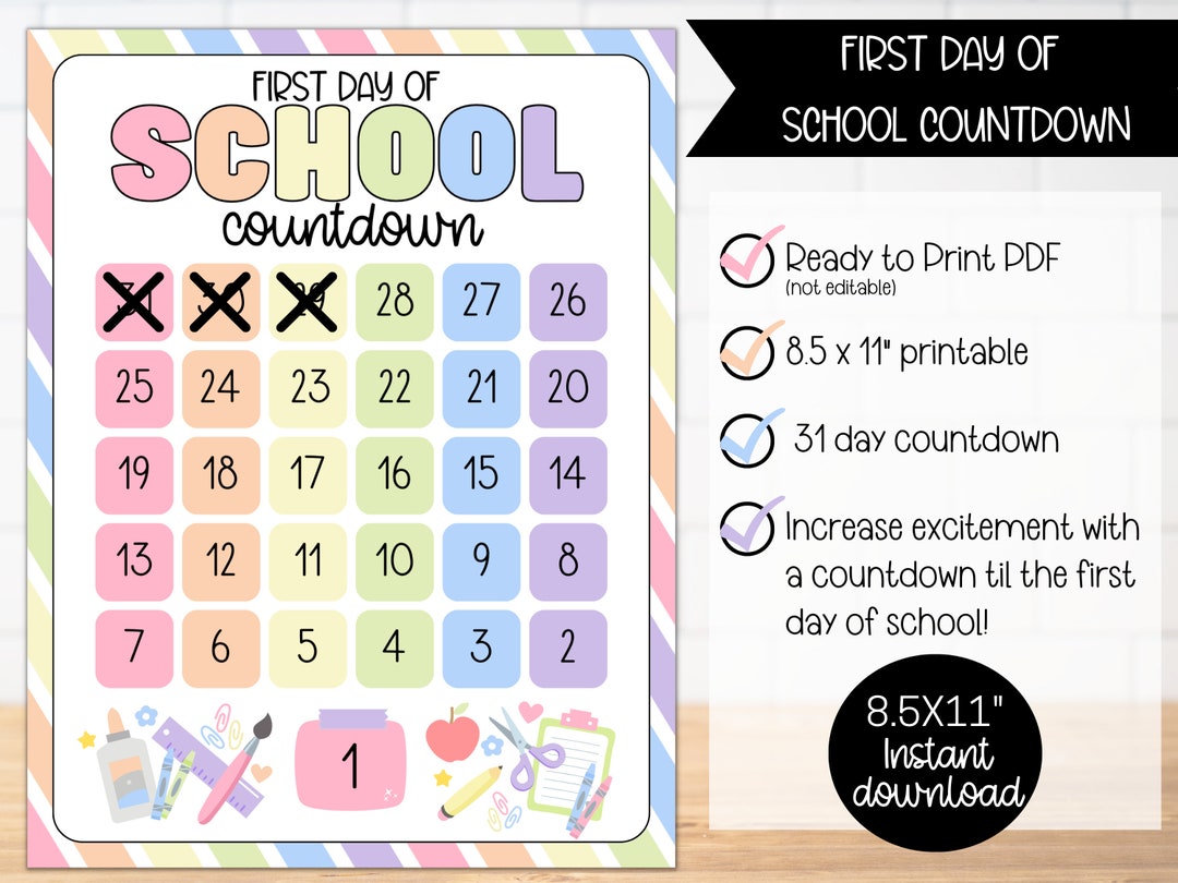 First Day of School Countdown for Kids Printable PDF Countdown to Back